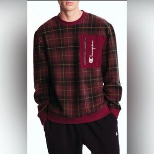 Champion S Red Plaid Sherpa Crew Fleece Crewneck Sweatshirt Pullover Pile